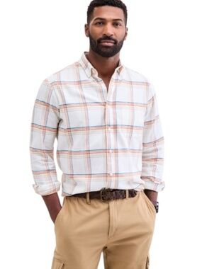 Club Room Men's Regular-Fit S, L Plaid Flannel Shirt Ivory Hunter Plaid -NWT